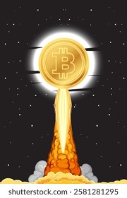 Bitcoin launching into space with fiery propulsion