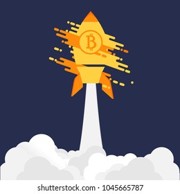 Bitcoin launching rocket on purple backgound. 