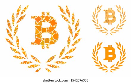 Bitcoin laurel wreath composition of abrupt items in various sizes and shades, based on Bitcoin laurel wreath icon. Vector bumpy items are united into mosaic.