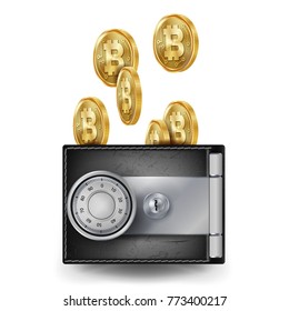 Bitcoin Leather Wallet Vector. Fintech Blockchain. Bitcoins Trading. Locked With Combination Code Lock. Finance Secure Concept. Isolated On White Background Illustration
