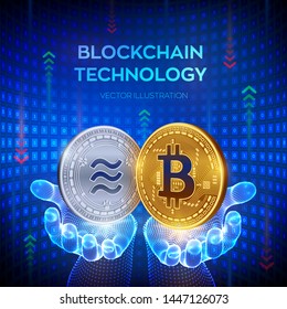 Bitcoin. Libra. Blockchain. 3D Physical bit coin. Block chain concept. Golden and silver coins with bitcoin and libra symbol in hands. Editable Cryptocurrency template. Vector illustration.