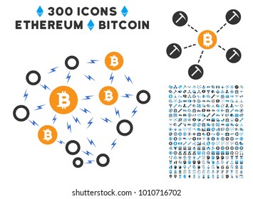 Bitcoin Lightning Network icon with 300 bonus cryptocurrency icons. Vector illustration style is flat iconic symbols designed for cryptocurrency trading websites.