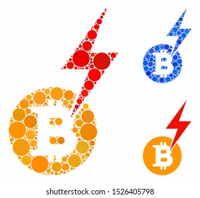 Bitcoin lightning strike mosaic for Bitcoin lightning strike icon of small circles in variable sizes and color tints. Vector random circles are united into blue mosaic.