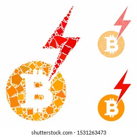 Bitcoin lightning strike mosaic of rough pieces in variable sizes and shades, based on Bitcoin lightning strike icon. Vector ragged items are united into collage.