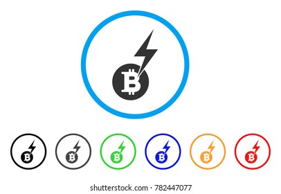 Bitcoin Lightning Strike rounded icon. Style is a flat gray symbol inside light blue circle with bonus colored versions. Bitcoin Lightning Strike vector designed for web and software interfaces.