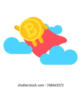 Bitcoin like a superhero fly in cloud
