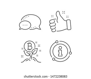Bitcoin line icon. Chat bubble, info sign elements. Cryptocurrency startup sign. Crypto leaf symbol. Linear bitcoin project outline icon. Information bubble. Vector