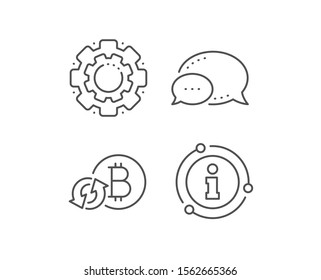 Bitcoin line icon. Chat bubble, info sign elements. Refresh cryptocurrency coin sign. Crypto money symbol. Linear refresh bitcoin outline icon. Information bubble. Vector