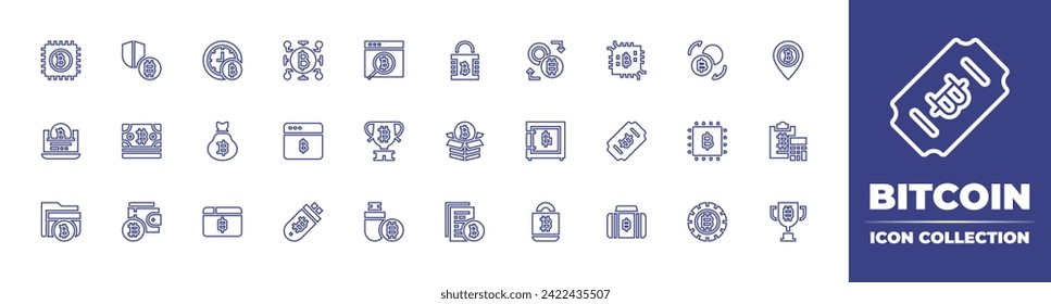 Bitcoin line icon collection. Editable stroke. Vector illustration. Containing wallet, bitcoin, bill, safe box, cryptocurrency, coin, software, chip, usb flash drive, security, laptop, box, data.