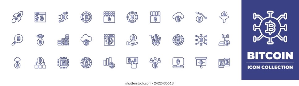 Bitcoin line icon collection. Editable stroke. Vector illustration. Containing startup, bitcoin, bitcoins, cloud, chip, world, presentation, shop, funnel, money laundering, judgment, diagram, exchange