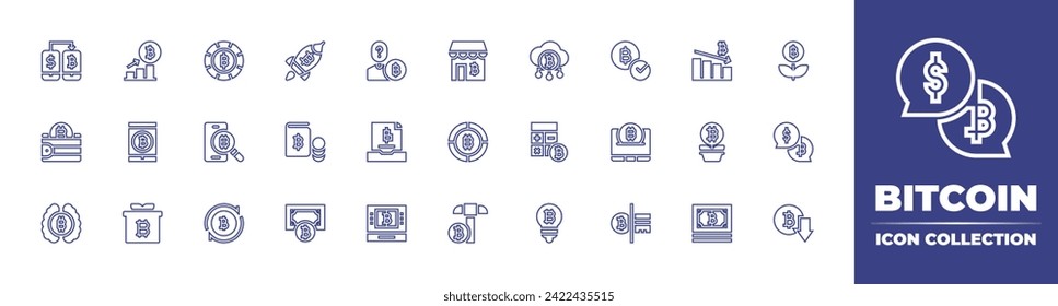 Colección de iconos de línea de bitcoin. Trazo editable. Ilustración vectorial. Con bitcoin, bitcoines, cohetes, diagrama, libro, banco, efectivo, intercambio, tienda, cartera digital, gráfico circular, cerebro, minería, anonimato