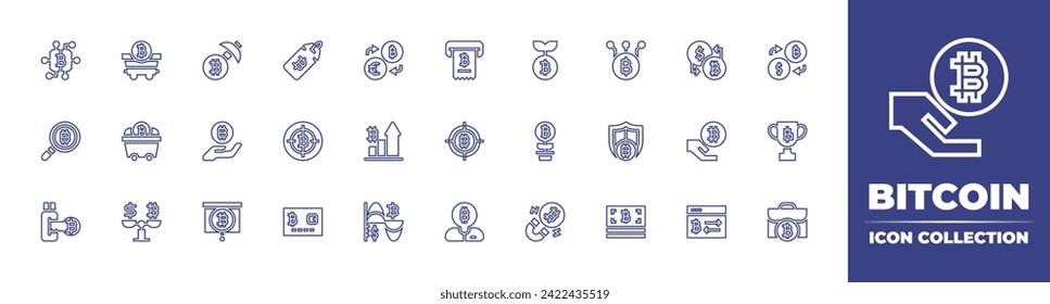 Kollektion von Bitcoin-Linien-Symbolen. Bearbeitbarer Strich. Vektorgrafik. Enthält Bitcoin, Tag, Austausch, Ziel, Kryptowährung, Karte, Link, Ticket, Handel, USB, Investor, Geldbörse, Barkarte.