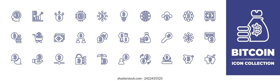 Bitcoin line icon collection. Editable stroke. Vector illustration. Containing bitcoins, exchange rate, bitcoin, cart, money bag, cpu, blockchain, users, system, locker, piggy bank, cash, safebox.