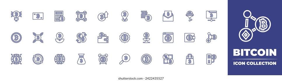 Bitcoin line icon collection. Editable stroke. Vector illustration. Containing bitcoin, bitcoins, blockchain, growth, cryptocurrency, filter, exchange, wallet, money bag, shopping, increase, folder.