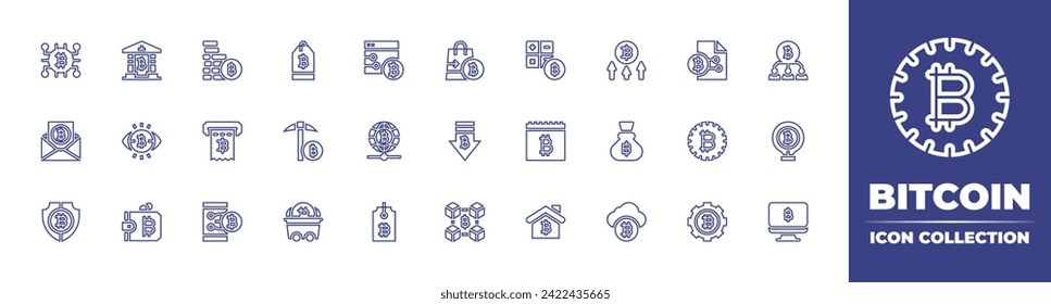 Bitcoin line icon collection. Editable stroke. Vector illustration. Containing bitcoin tag, bitcoins, bitcoin mining, bitcoin, bank, shopping bag, team, vision, down, bulb, crypto wallet, blockchain.