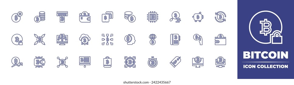 Bitcoin line icon collection. Editable stroke. Vector illustration. Containing bitcoin symbol, coins stack, exchange, bitcoins, bitcoin, bitcoin wallet, wallet, search, cloud, book, presentation, tag.