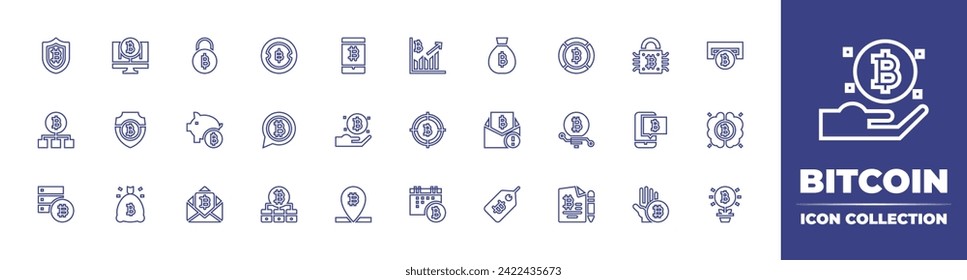 Bitcoin line icon collection. Editable stroke. Vector illustration. Containing bitcoin, bitcoins, payment, graph, atm machine, shield, aim, brain, bag, time, growth. svg