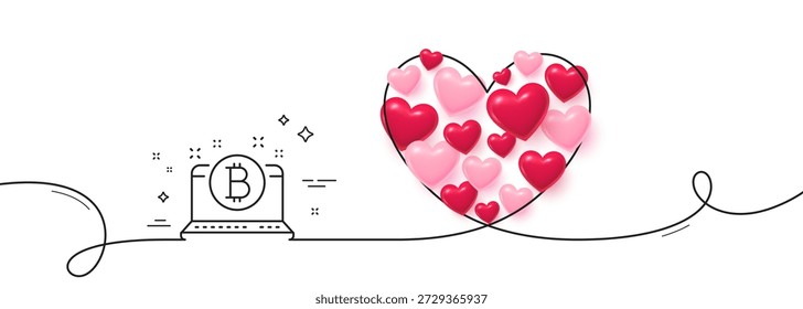 Icono de línea de Bitcoin. Línea continua corazón grande. Signo de moneda de criptomoneda. Símbolo de computadora portátil cripto. Corazones 3D en bucle en forma de corazón. Cinta de una sola línea de Bitcoin. Patrón de curva de bucle. Vector