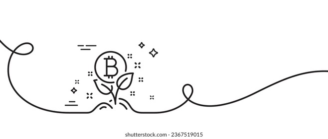 Bitcoin line icon. Continuous one line with curl. Cryptocurrency startup sign. Crypto leaf symbol. Bitcoin project single outline ribbon. Loop curve pattern. Vector