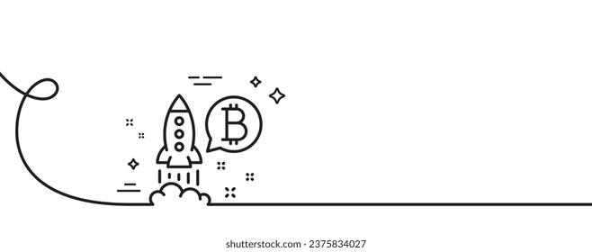 Bitcoin line icon. Continuous one line with curl. Cryptocurrency startup sign. Crypto rocket symbol. Bitcoin project single outline ribbon. Loop curve pattern. Vector