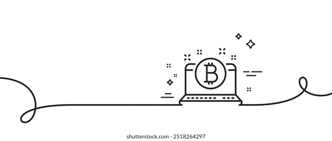 Bitcoin line icon. Continuous one line with curl. Cryptocurrency coin sign. Crypto laptop symbol. Bitcoin single outline ribbon. Loop curve pattern. Vector