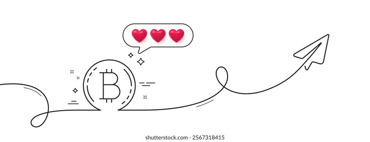 Bitcoin line icon. Continuous line with share plane. Cryptocurrency coin sign. Crypto money symbol. Hearts rate review in speech bubble. Bitcoin single line ribbon. Loop curve pattern. Vector