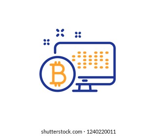 Bitcoin line icon. Cryptocurrency monitor sign. Crypto money symbol. Colorful outline concept. Blue and orange thin line color Bitcoin system icon. Vector