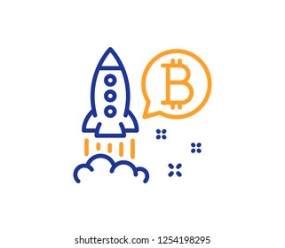 Bitcoin line icon. Cryptocurrency startup sign. Crypto rocket symbol. Colorful outline concept. Blue and orange thin line color Bitcoin project icon. Vector