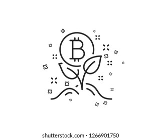 Bitcoin line icon. Cryptocurrency startup sign. Crypto leaf symbol. Geometric shapes. Random cross elements. Linear Bitcoin project icon design. Vector