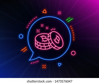 Bitcoin line icon. Neon laser lights. Cryptocurrency coin sign. Crypto money symbol. Glow laser speech bubble. Neon lights chat bubble. Banner badge with bitcoin icon. Vector