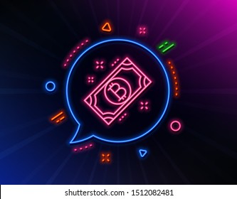 Bitcoin line icon. Neon laser lights. Cryptocurrency cash sign. Crypto money symbol. Glow laser speech bubble. Neon lights chat bubble. Banner badge with bitcoin icon. Vector