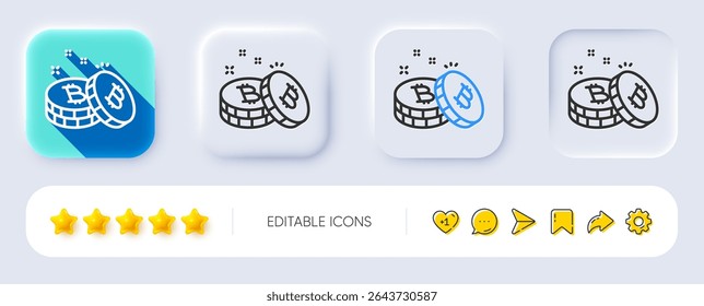 Ícone de linha Bitcoin. Neumórfico, sombra plana, botões 3d. Sinal de moeda criptomoeda. Símbolo de dinheiro criptografado. Ícone de bitcoin de linha. Ícones de mídia social. Vetor