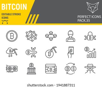 Bitcoin Line Icon Set, Blockchain Collection, Vector Graphics, Logo Illustrations, Bitcoin Vector Icons, Cryptocurrency Signs, Outline Pictograms, Editable Stroke