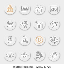 Bitcoin line icon set, blockchain collection, vector graphics, neumorphic UI UX buttons, bitcoin vector icons, cryptocurrency signs, outline pictograms, editable stroke
