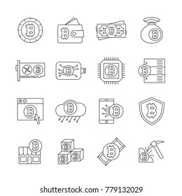 Bitcoin line icon set. Contain crypto currency mining, minner, server, software miner. Editable thin stroke vector.
