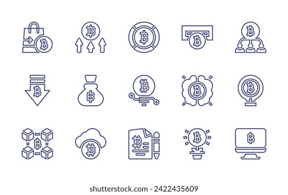 Bitcoin Linie Symbol Set. Bearbeitbarer Strich. Vektorgrafik. Mit Bitcoin, Bitcoins, ATM-Maschine, Einkaufstasche, Team, Gehirn, Down, Glühbirne, Wachstum, Blockchain, Computer.