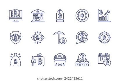 Bitcoin line icon set. Editable stroke. Vector illustration. Containing bitcoin, bitcoin tag, bitcoins, bitcoin mining, payment, graph, bank, shield, aim, vision, bag, time, crypto wallet. svg