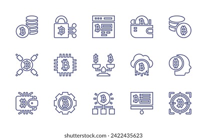 Juego de iconos de línea de bitcoin. Trazo editable. Ilustración vectorial. Conteniendo bloqueo, símbolo de bitcoin, pila de monedas, bitcoin, bitcoines, navegador, cartera, balance, nube, estructura, presentación.