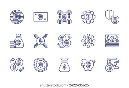 Bitcoin line icon set. Editable stroke. Vector illustration. Containing bitcoin, exchange rate, wallet, blockchain, money bag, bill, cryptocurrency, exchange, system, piggy bank, security.