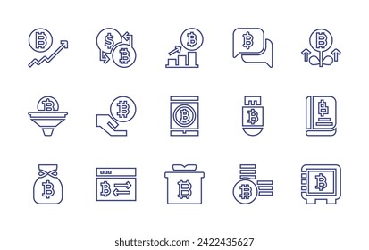 Bitcoin line icon set. Editable stroke. Vector illustration. Containing bitcoin, exchange, filter, book, cryptocurrency, money bag, safe box, chart, online payment, present.