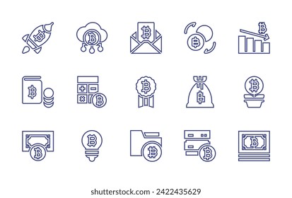 Bitcoin line icon set. Editable stroke. Vector illustration. Containing bitcoin, rocket, diagram, money bag, book, bank, server, cash, cloud, calculator, idea.