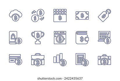 Bitcoin line icon set. Editable stroke. Vector illustration. Containing shop, cloud, tag, money, money exchange, money laundering, buy, crypto, wallet, reward, diagram, payment method, briefcase.