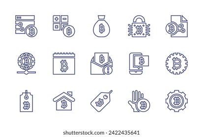 Bitcoin line icon set. Editable stroke. Vector illustration. Containing bitcoin, calculator, calendar, house.