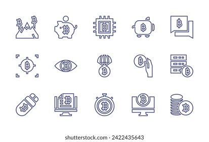 Bitcoin line icon set. Editable stroke. Vector illustration. Containing bitcoin, piggy bank, pay, computer.