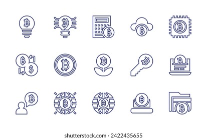 Bitcoin line icon set. Editable stroke. Vector illustration. Containing bitcoin, chip, laptop, data.