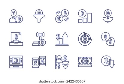 Bitcoin line icon set. Editable stroke. Vector illustration. Containing funnel, diagram, money exchange, anonymity, growth, judgment, coins, bar chart, record, talk, exchange, money, chart, atm.