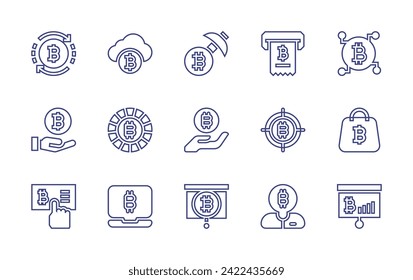 Juego de iconos de línea de bitcoin. Trazo editable. Ilustración vectorial. Con bitcoin, bolsa de bitcoin, bitcoines, boleto, destino, inversor.