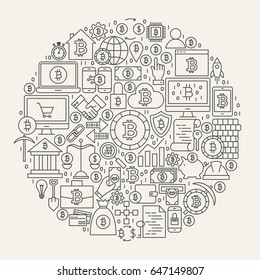 Bitcoin Line Icons Circle. Vector Illustration of Cryptocurrency Outline Objects.