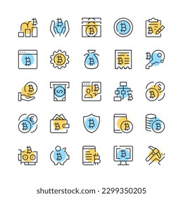 Bitcoin line icons. Set of bitcoin icons. Black, blue and yellow colors. Modern outline graphic design. Vector line icons set