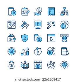 Bitcoin line icons. Set of bitcoin icons. Blue color. Vector line icons set